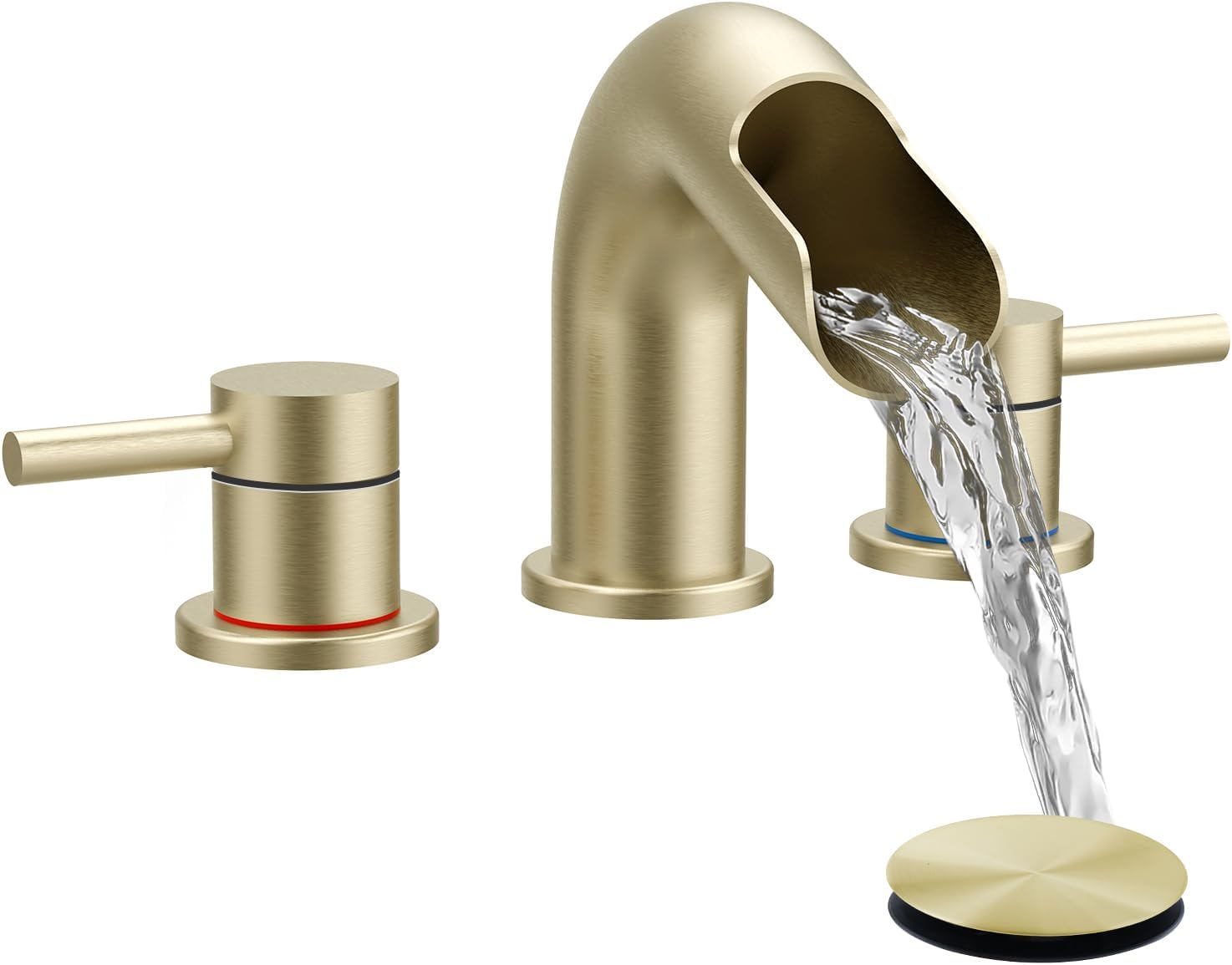 Qomolangma Waterfall Bathroom Faucets 3 Holes 2 Handles - Brushed Gold Bathroom Sink Faucets Widespread with Pop Up Drain, Lavatory Mixer Tap for Bathroom Sink RV Vessel Basin