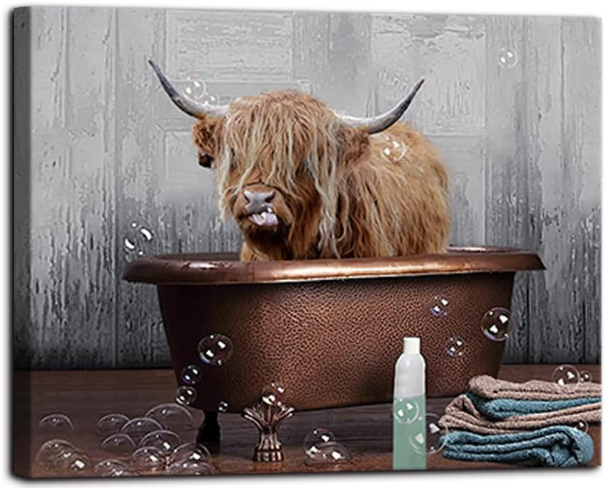 AXXPosters Cute Highland Cow Picture Wall Decor Highland Cattle in Bathtub Canvas Painting Village Animals Picture for Bathroom Decor Frame（Bathroom Animal-3，12.00" x 18.00"）