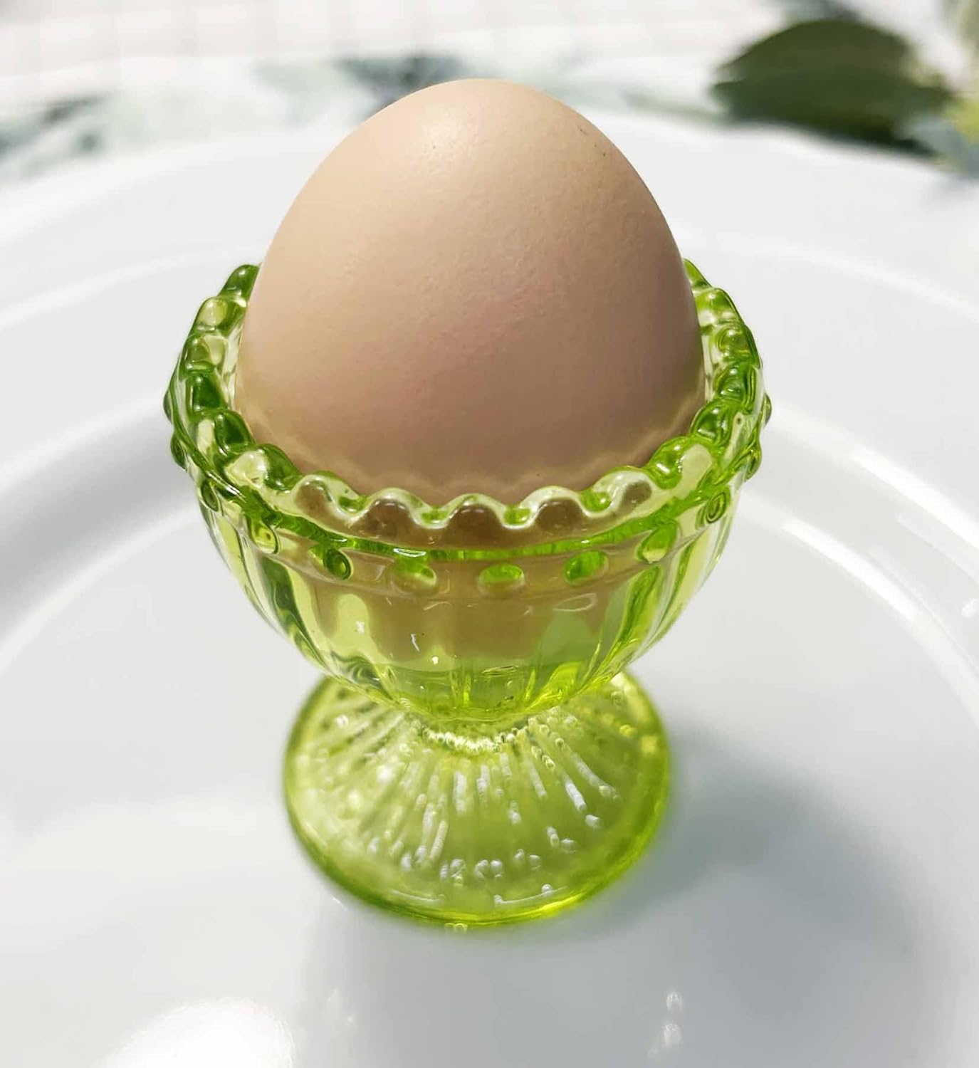 Green Glass Easter Egg Cup for Soft or Hard Boiled Egg Holder - Set of 2 Egg Holders for Breakfast Brunch, Kitchenware, Easter Decoration