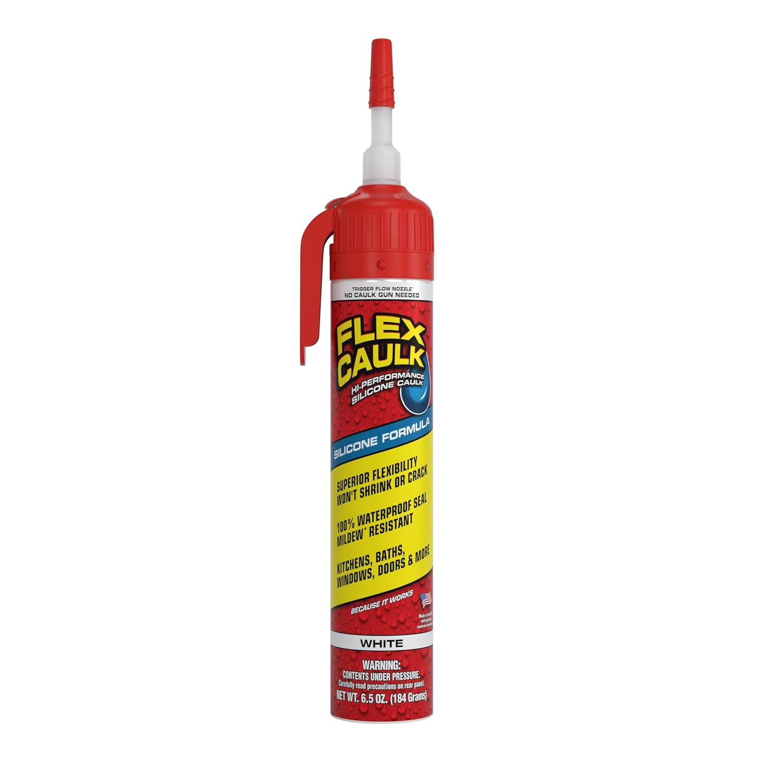 Flex Caulk, Silicone, Waterproof & Weatherproof Sealant, Strong, Indoor, Outdoor, Bath, Kitchen, Shower, Sink, Window, Baseboards, Door, RV, Roof, Wood, Glass, Tile, Marine, White, 6.5 oz, 1-Pack