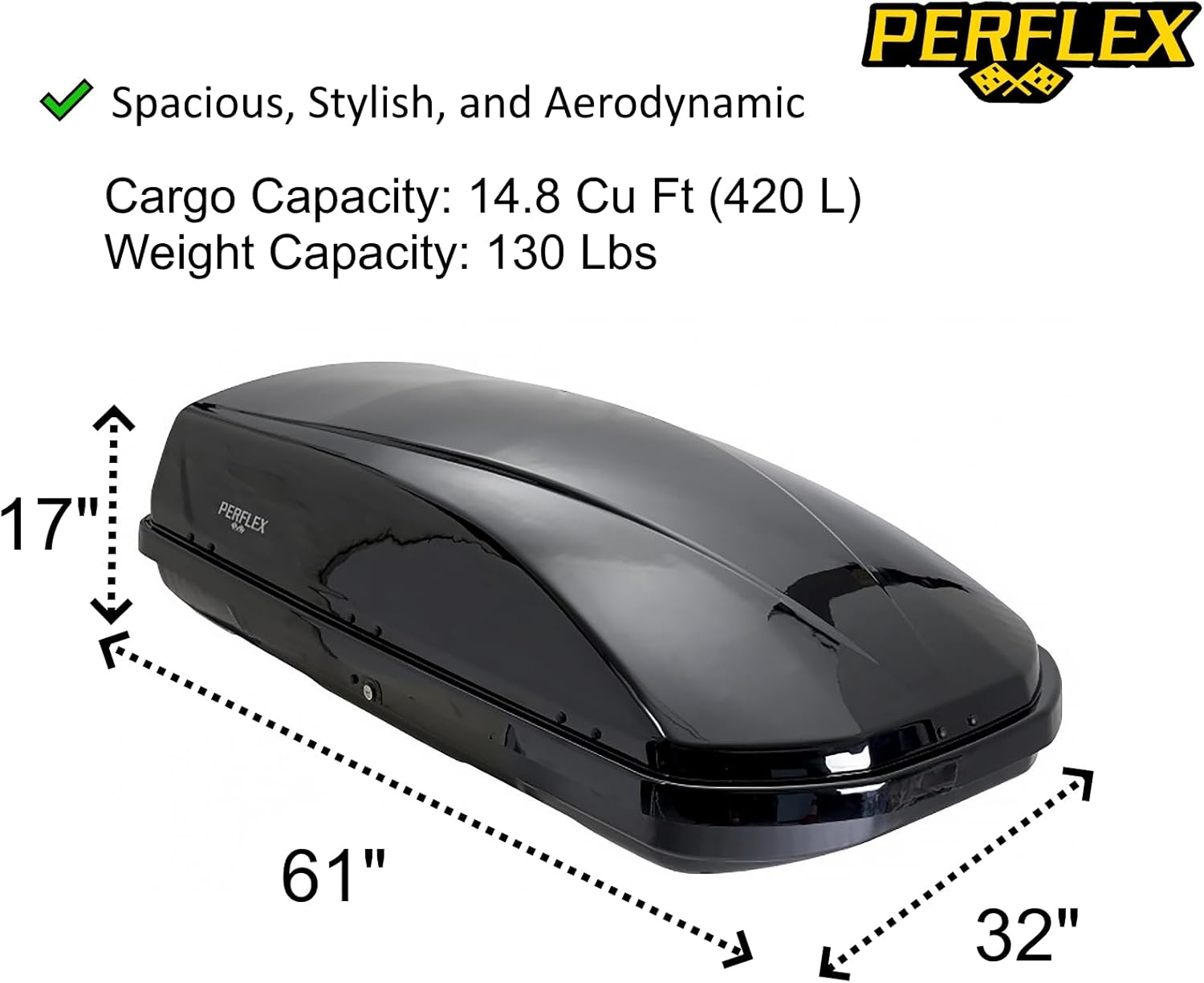 Perflex Journey Roof Cargo Box Carrier 14.8 Cubic Feet Car Top Mount Travel Luggage Storage, Passenger Side Opening, 130 Lbs Weight Capacity, Keys, Strap (Black)