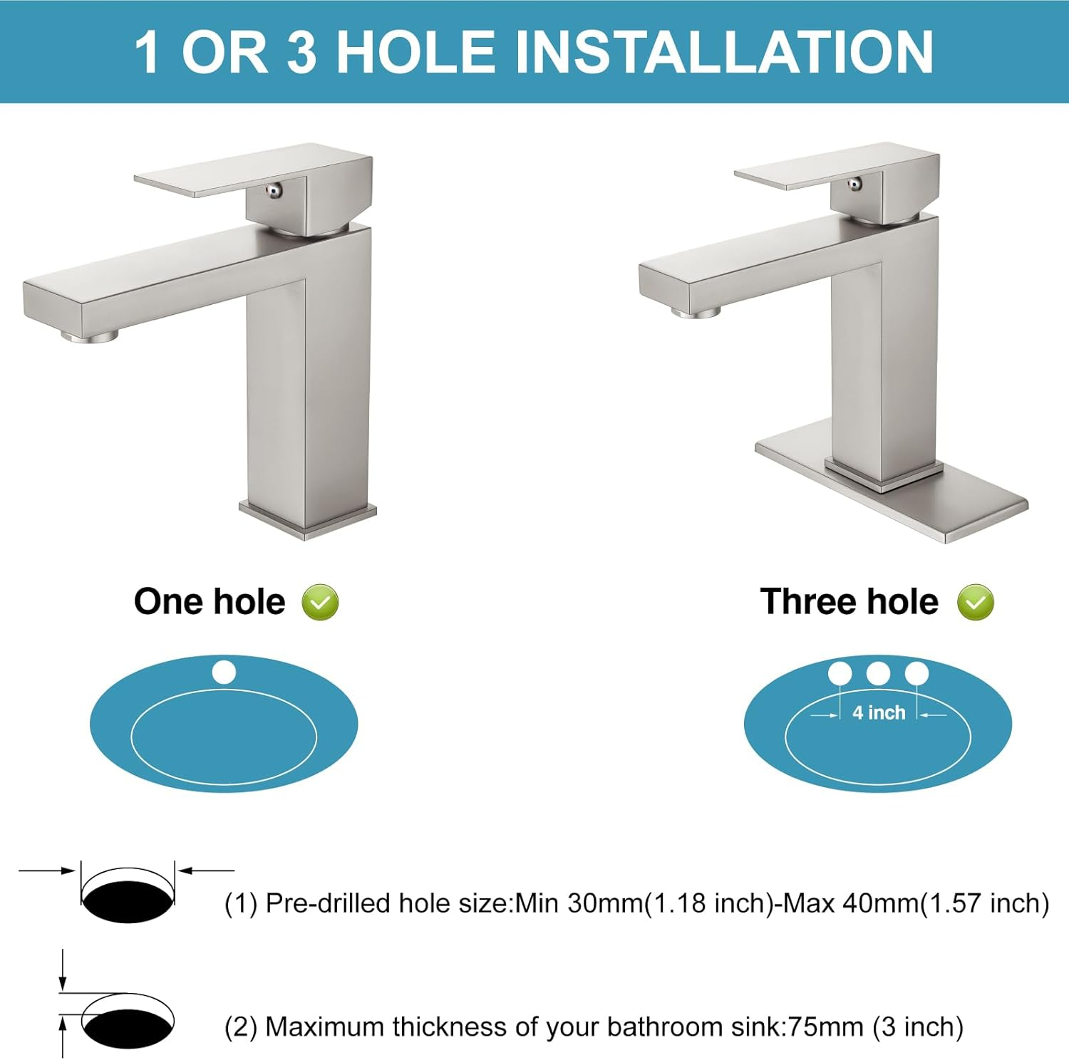 Midanya Bathroom Sink Faucet 1 Hole Single Handle Deck Mount Lavatory Bathroom Faucet Include Cover Plate Stainless Steel Commercial,with Pop Up Drain,Brushed Nickel