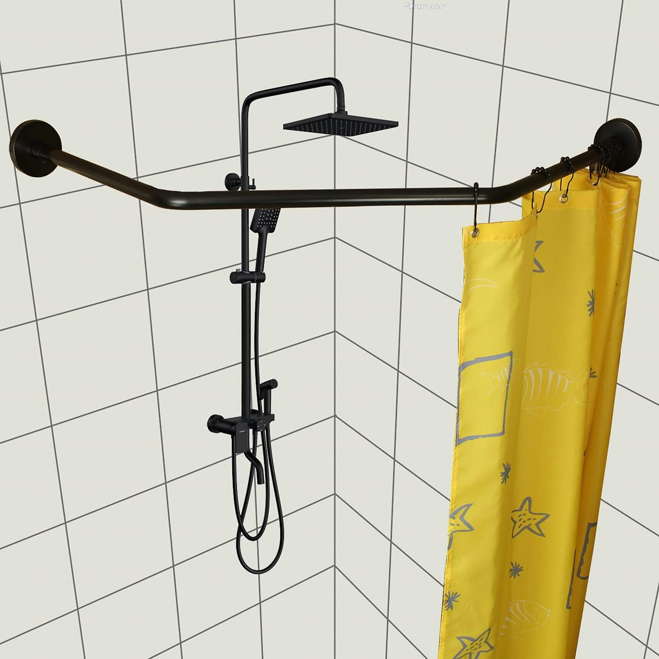 Stretchable 304 Stainless L Shaped Bathroom Bathtub Corner Shower Curtain Rod Rack(Diamond Shaped Black, Length on Both Sides: 17"-25.6",Middle Width:20"-26")