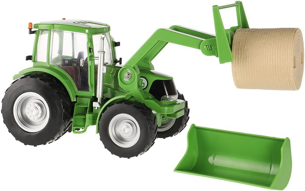 Big Country Toys Tractor & Implements, 1:20 Scale, Toy Tractor with Hay Bale and Bucket Attachment, Working Doors, Green, Ages 3 and Up…