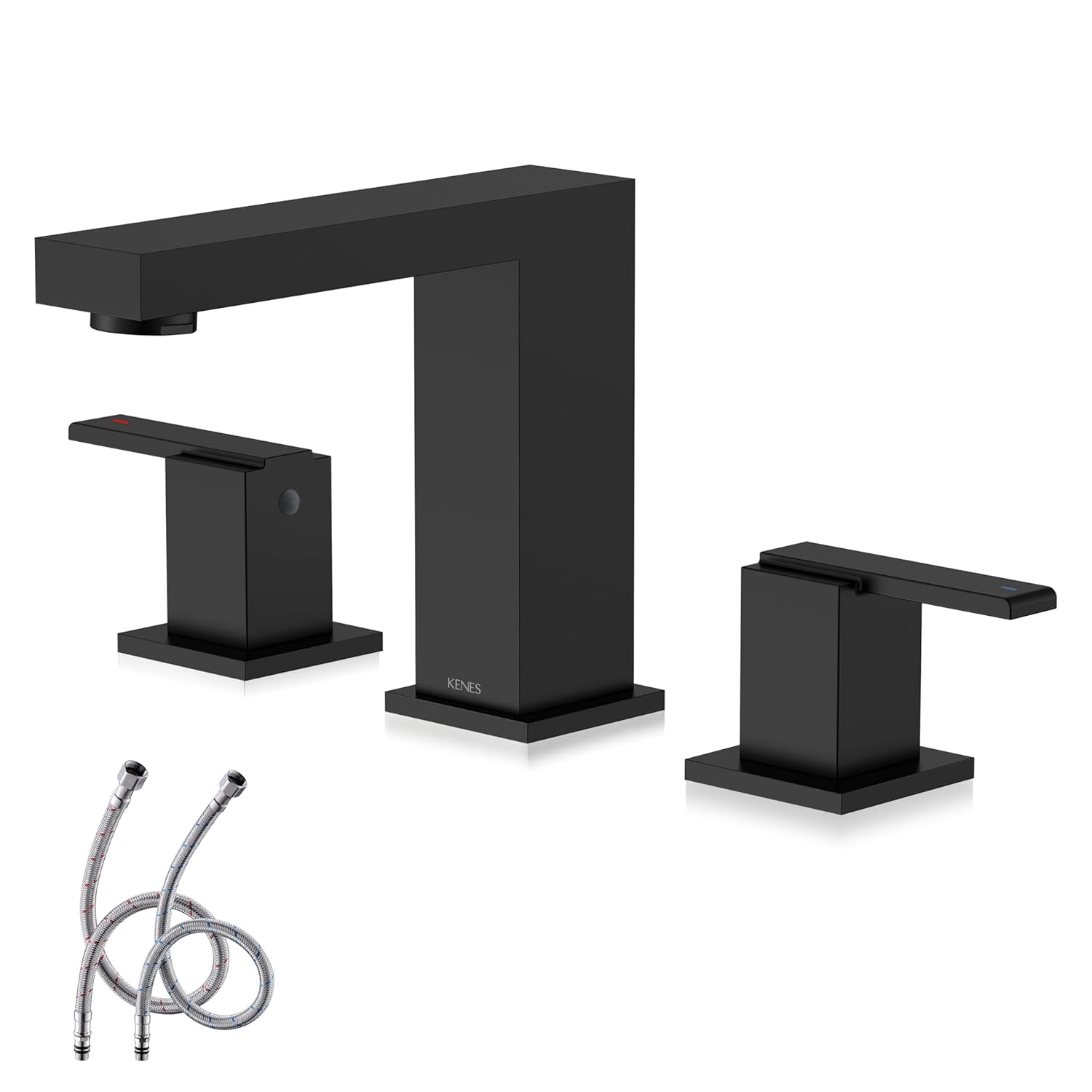 KENES Matte Black Widespread Bathroom Faucet Two Handle Bathroom Sink Faucets Black 3 Hole, 8-Inch 3 Pieces Bathroom Vanity Faucet Lavatory Faucet with Supply Lines, KE-9050-2