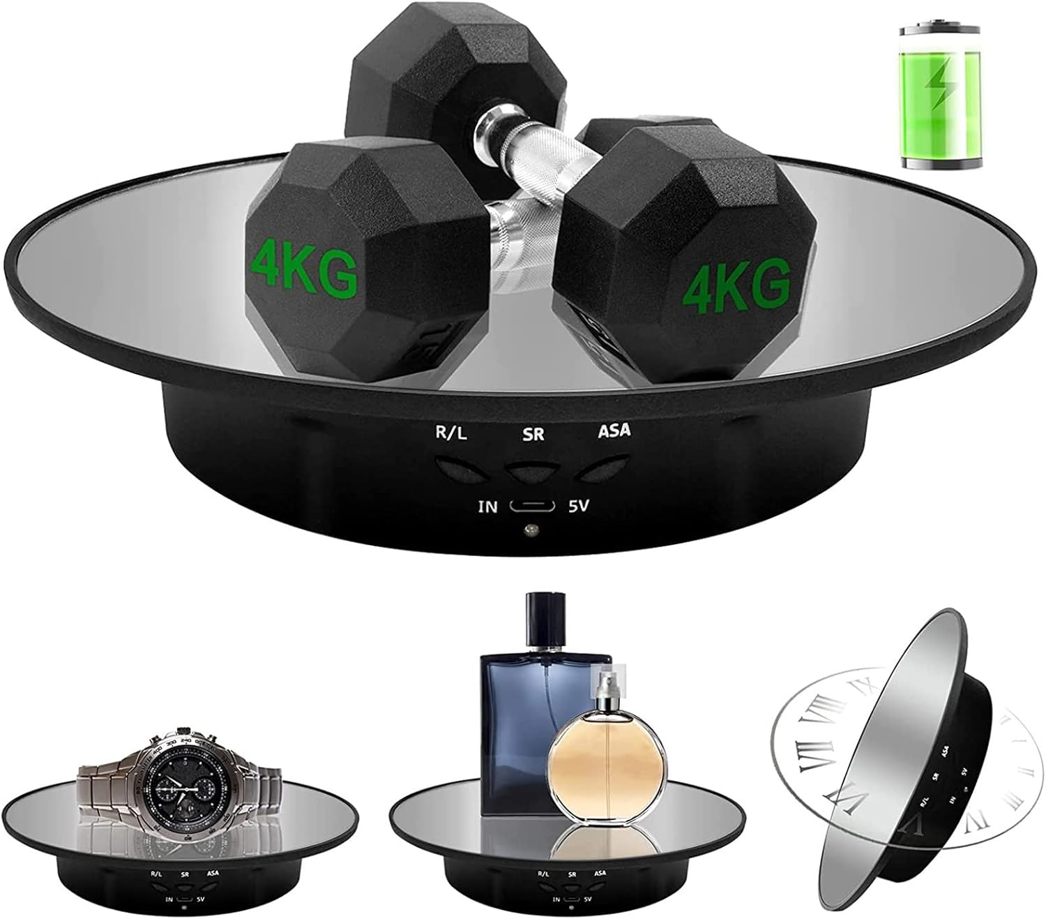 Motorized Rotating Display Stand, 7.87inch /17.6LB Load，Mirror Covered 360 Degree Turntable Display Stand for Photography Products and Shows, Max Load 8KG/ 20CM Video Show(Black)