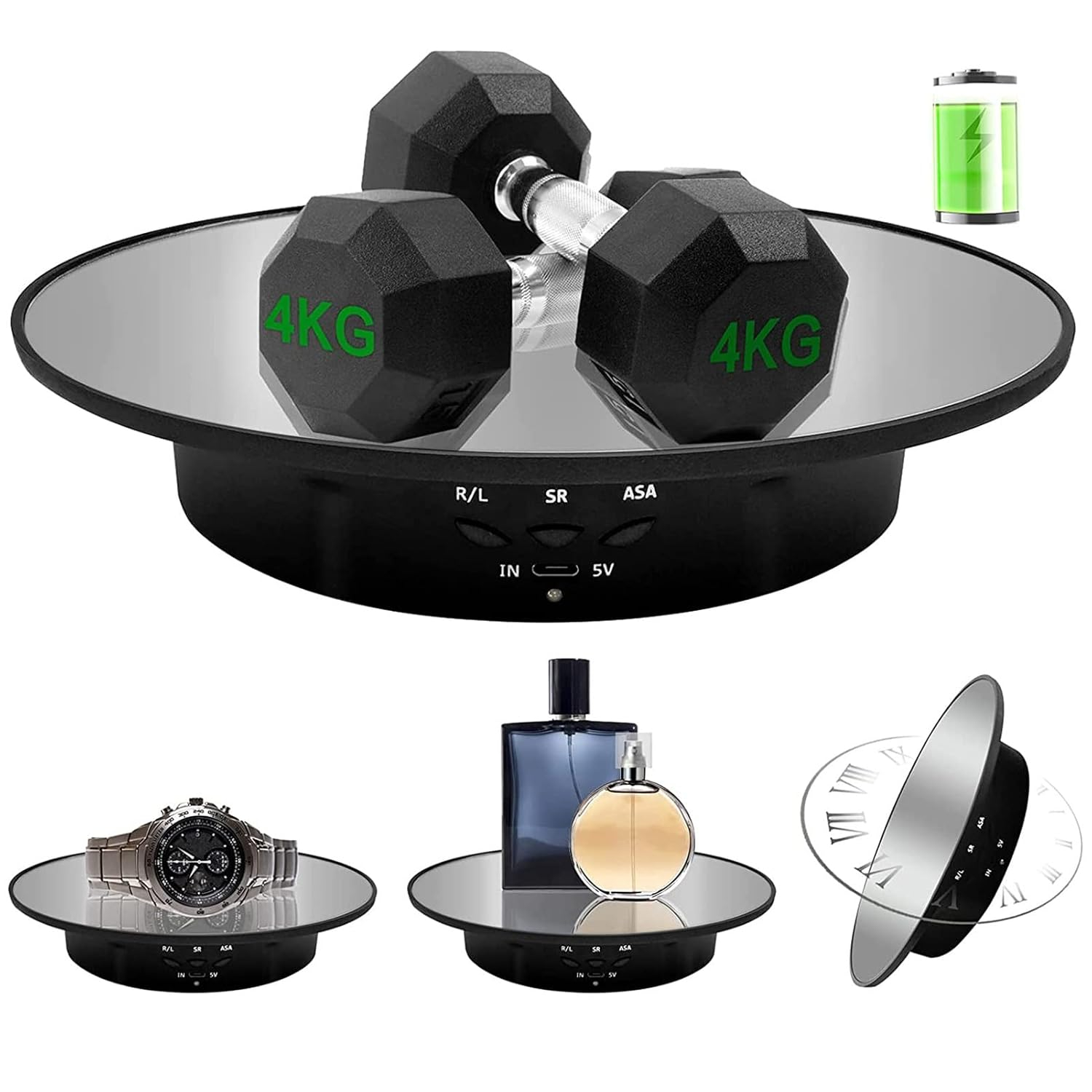 Motorized Rotating Display Stand, 7.87inch /17.6LB Load，Mirror Covered 360 Degree Turntable Display Stand for Photography Products and Shows, Max Load 8KG/ 20CM Video Show(Black)