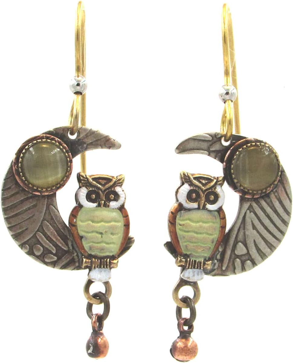 Multicolor Brass and Glass Owl Moon Drop Earrings