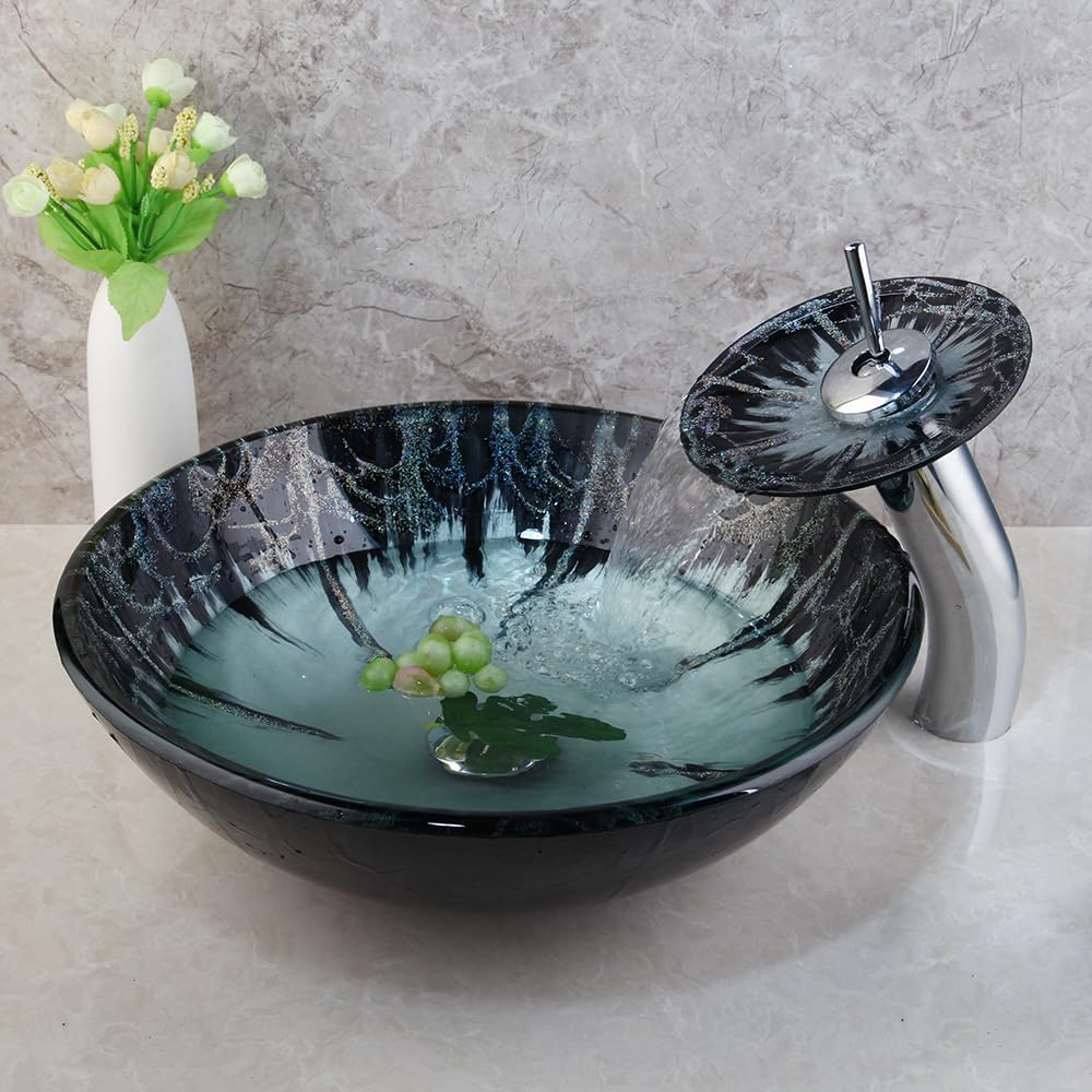 Green Glass Vessel Sink With Faucet And Pop-Up Drain Combo 17 Inch Round Tempered Glass Basin Bathroom Bowl Sinks Above Counter Sink Bowls For Small Vanities Top Mount Easy Installation