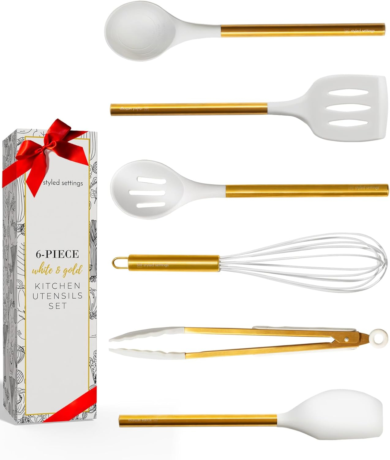 White and Gold Silicone Kitchen Utensils Set with Stainless Steel Handles