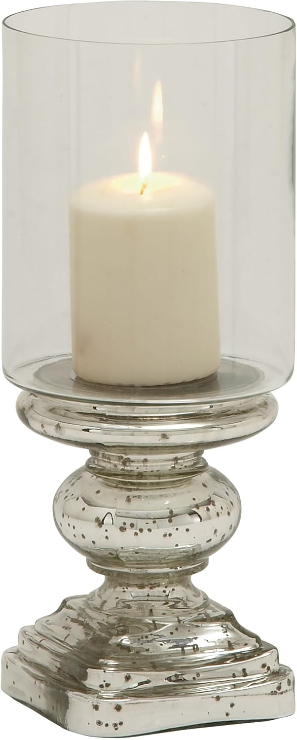 DecMode Silver Glass Handmade Turned Style Pillar Hurricane Lamp with Faux Mercury Glass Finish
