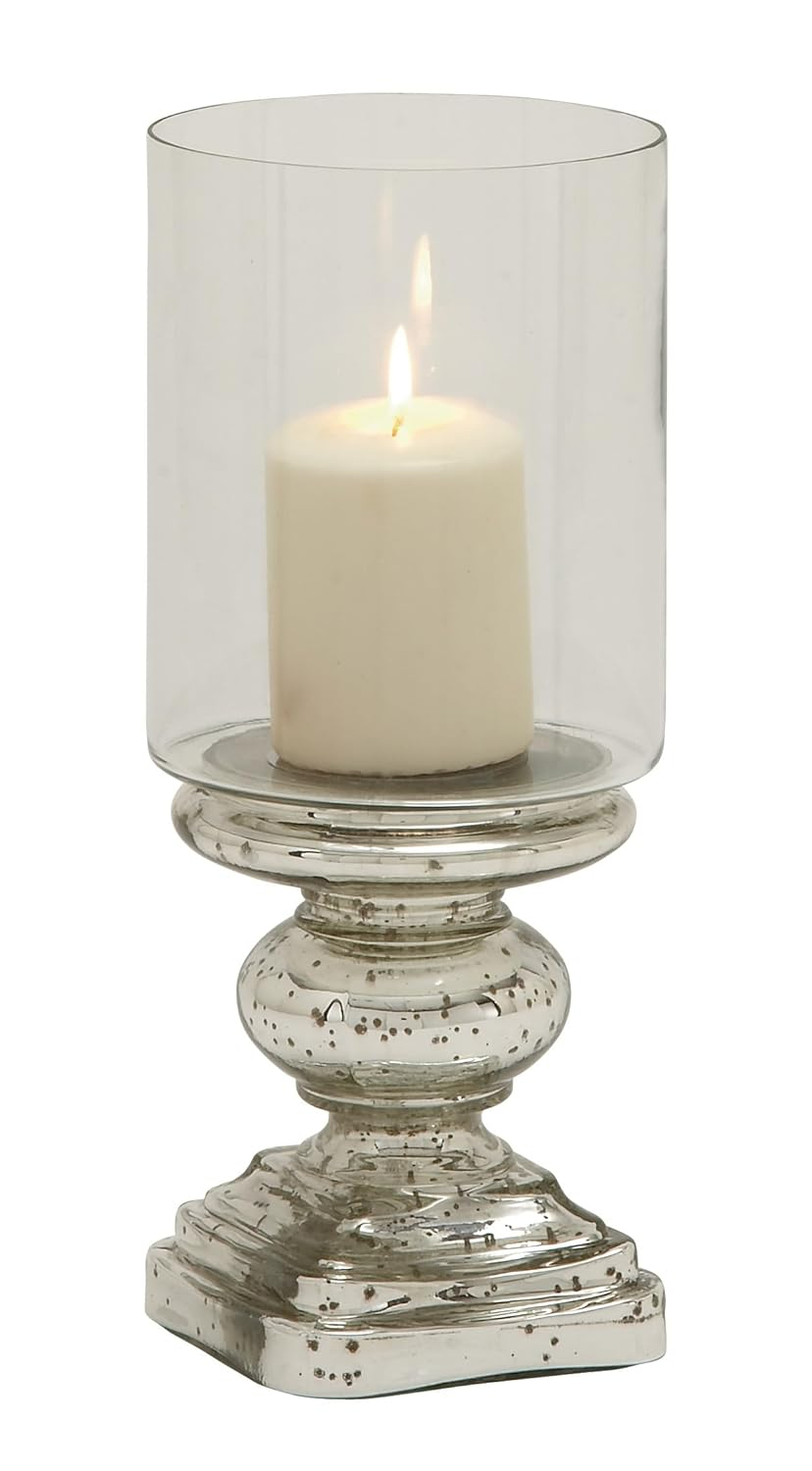 DecMode Silver Glass Handmade Turned Style Pillar Hurricane Lamp with Faux Mercury Glass Finish