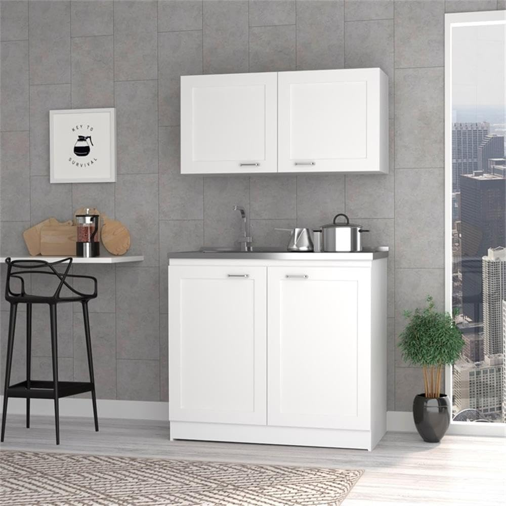 White and Light Gray Manufactured Wood Kitchen Cabinet Set
