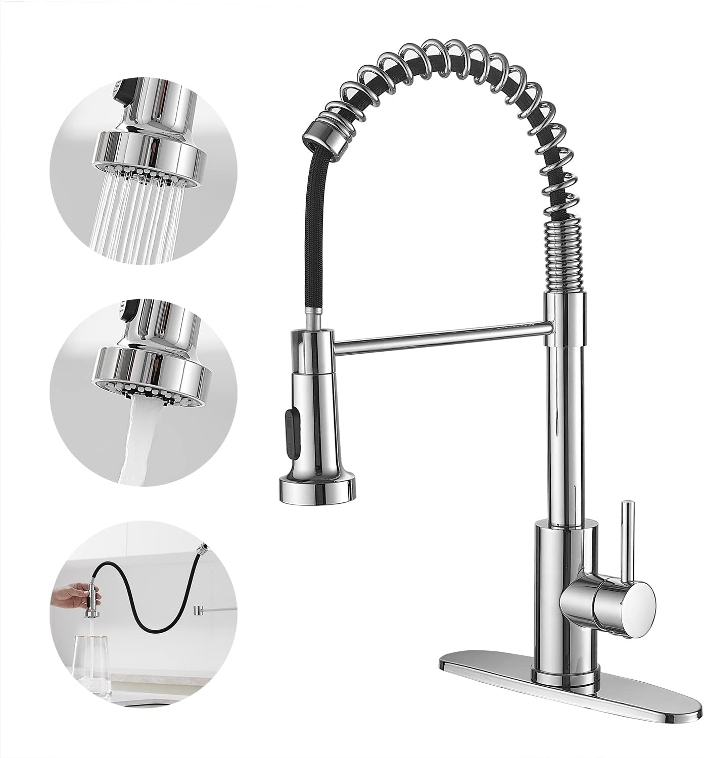 VOTON Chrome Kitchen Faucets with Pull Out Sprayer Commercial Spring Sink Faucet Stainless Steel Pull Down Single Handle Farmhouse faucets with Deck Plate for Camper Laundry Utility Rv Wet Bar