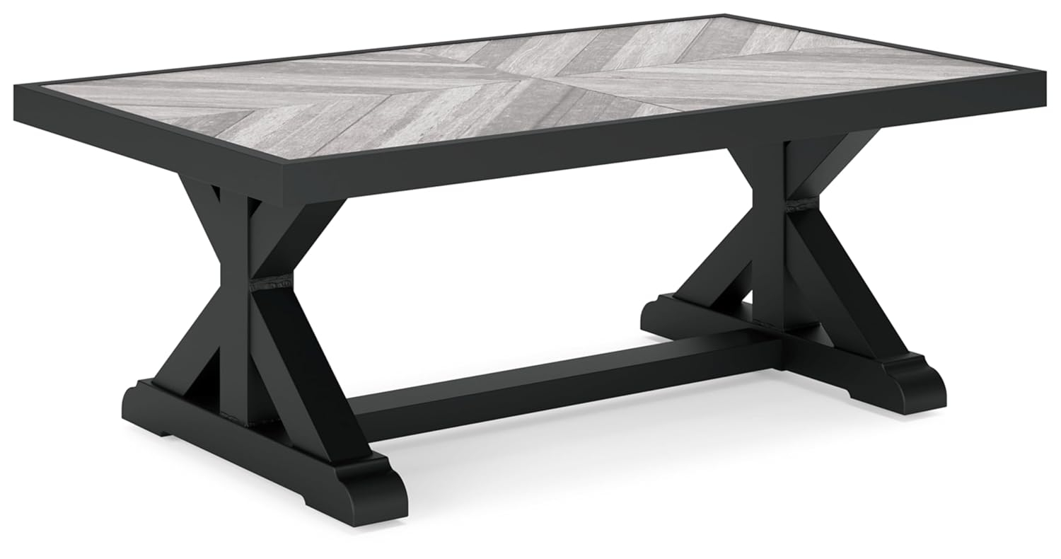 Black and Gray Rectangular Outdoor Coffee Table with Porcelain Top