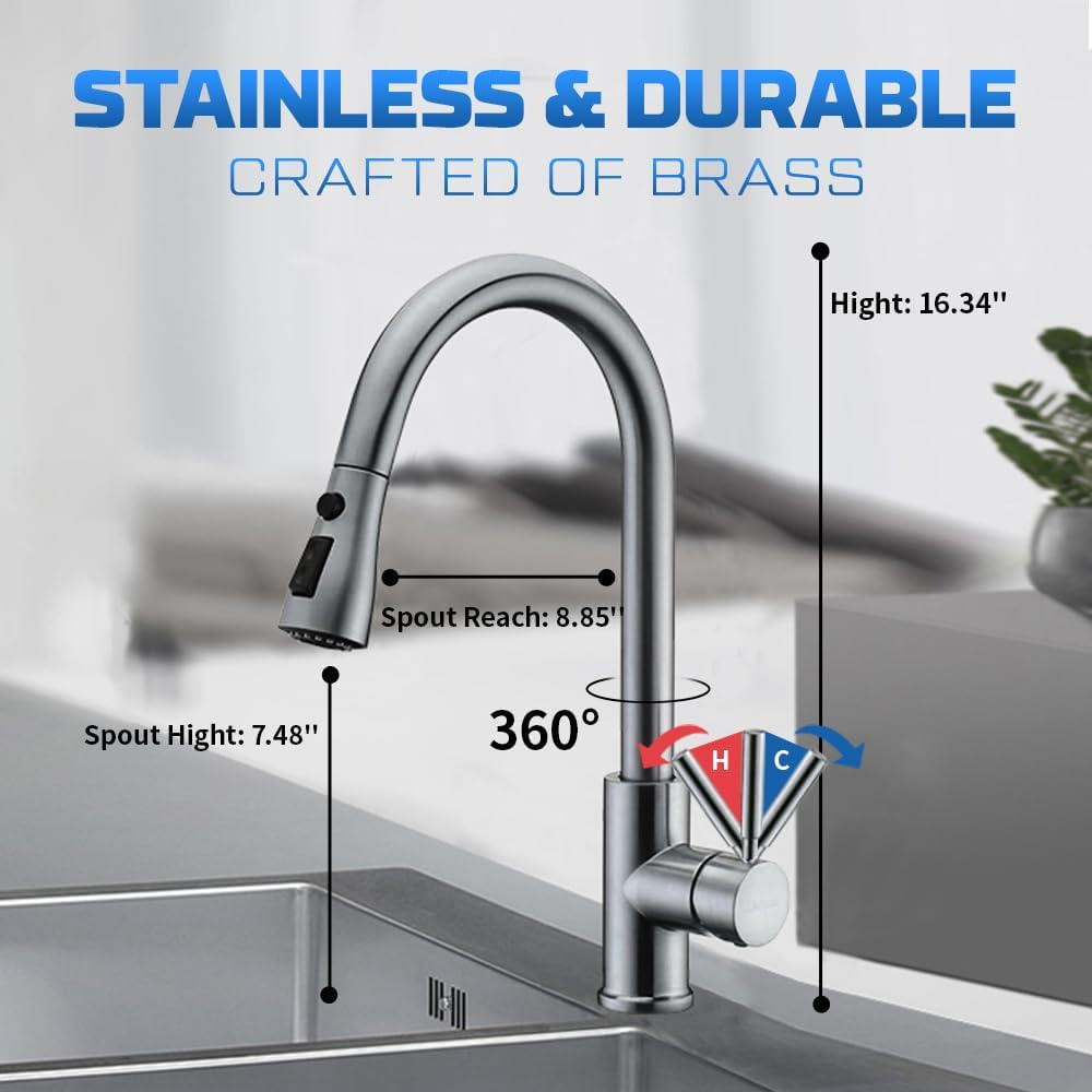 Kitchen Faucets Brushed Nickel Kitchen Faucet with Pull Down Sprayer High Arc Pull Out Kitchen Faucet Stainless Steel Kitchen Sink Faucets 1 or 3 Hole for Farmhouse Laundry Rv Bar Camper Home