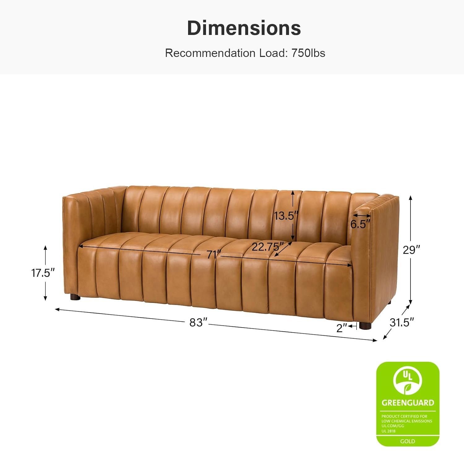 HULALA HOME 83" Genuine Leather Sofa with Channel Tufted Design, 3-Seater Sofa for Living Room Bedroom, Modern Oversized Couch with Wood Legs, Camel