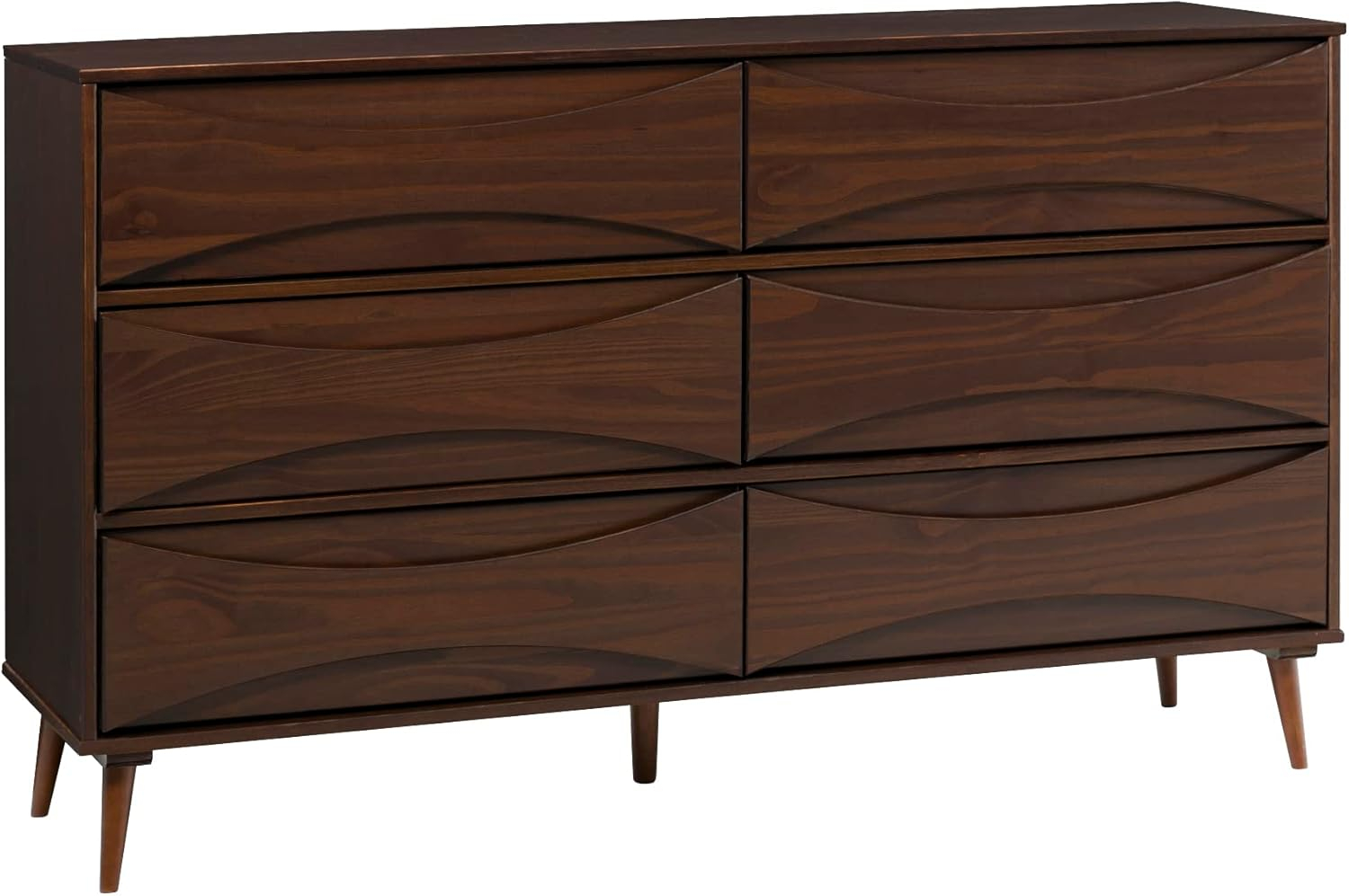 Walnut Mid-Century Modern 6-Drawer Solid Wood Dresser