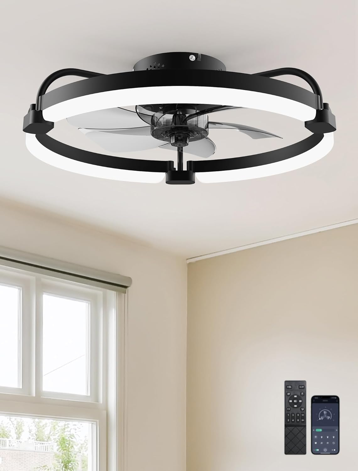 Ensenior 20'' Low Profile Ceiling Fans with Lights and Remote, Fandelier Ceiling Fan Flush Mount, APP Control, 6 Speed & 3000K-6500K Stepless Dimmable Small Ceiling Fan with Light for Bedroom - Black