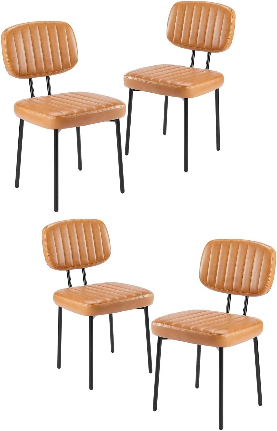 Mid-Century Modern Brown Faux Leather Upholstered Dining Chairs with Metal Legs, Set of 2