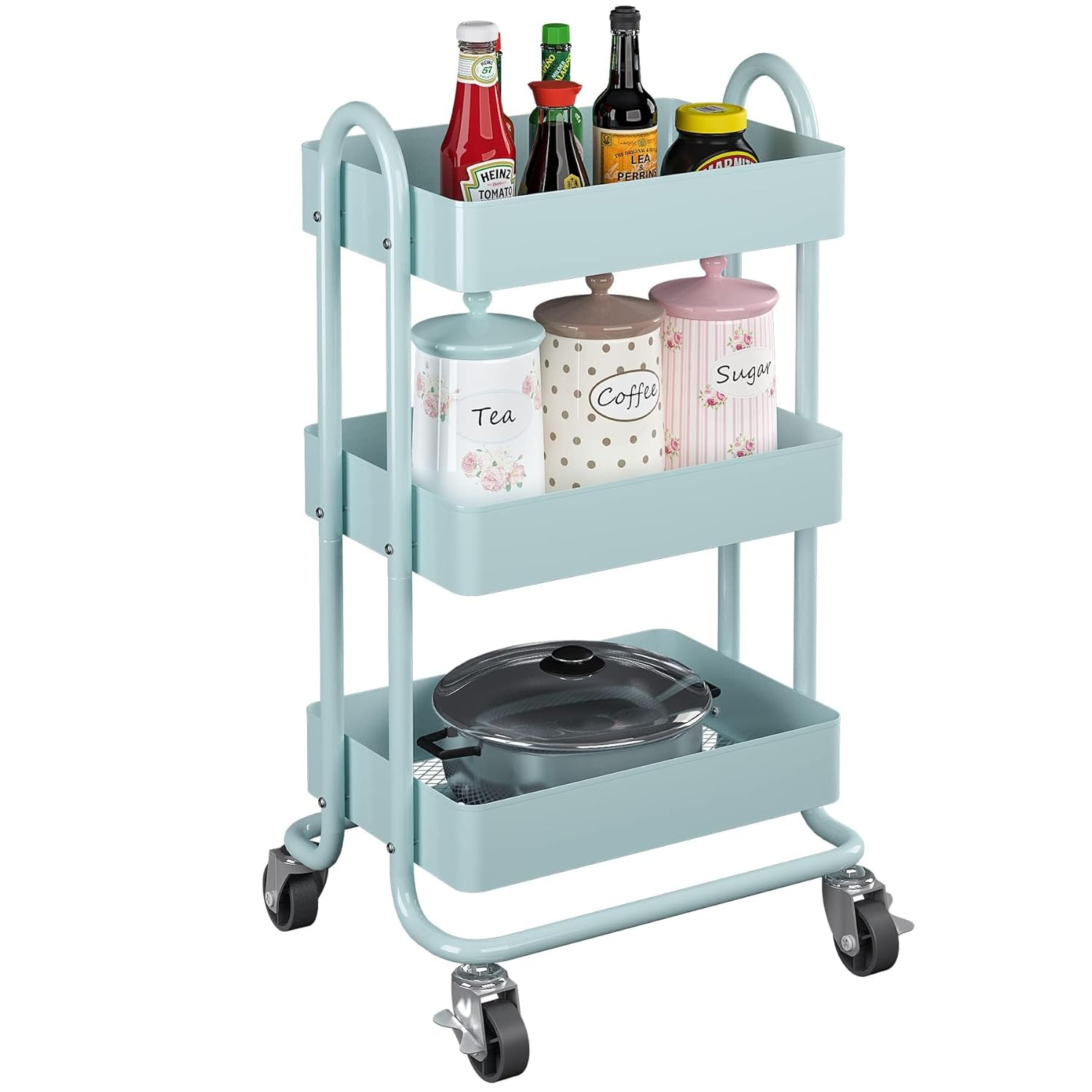 3-Tier Rolling Cart with Wheels,Kitchen Storage Carts or Metal Rolling Utility Cart with Handle,Movable Storage Organizer,Blue Carts for Nursery, Kitchen, Bathroom, Craft Room（13.4"x18.1"x31"）
