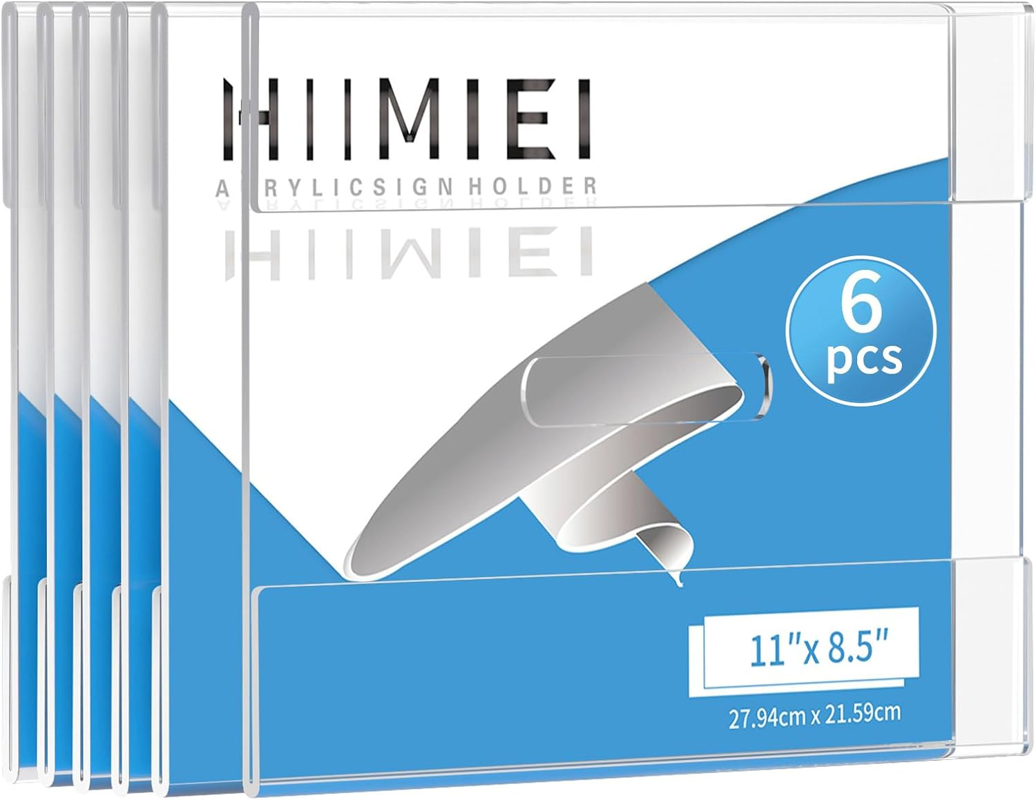 HIIMIEI Acrylic Wall Sign Holder 8.5x11 Inch Horizontal with 3M Tape, 8 1/2 x 11 Clear Plastic Plexiglass Sign Holder for Office, Home, Store, Restaurant-No Drilling(6 Pack)