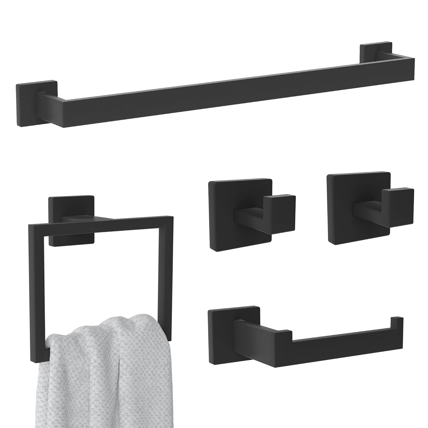 5 Pieces Square Matte Black Stainless Steel Bathroom Accessories Set Include 23.6 in Towel Bar, Toilet Paper Holder, Towel Ring, 2 Robe Towel Hooks