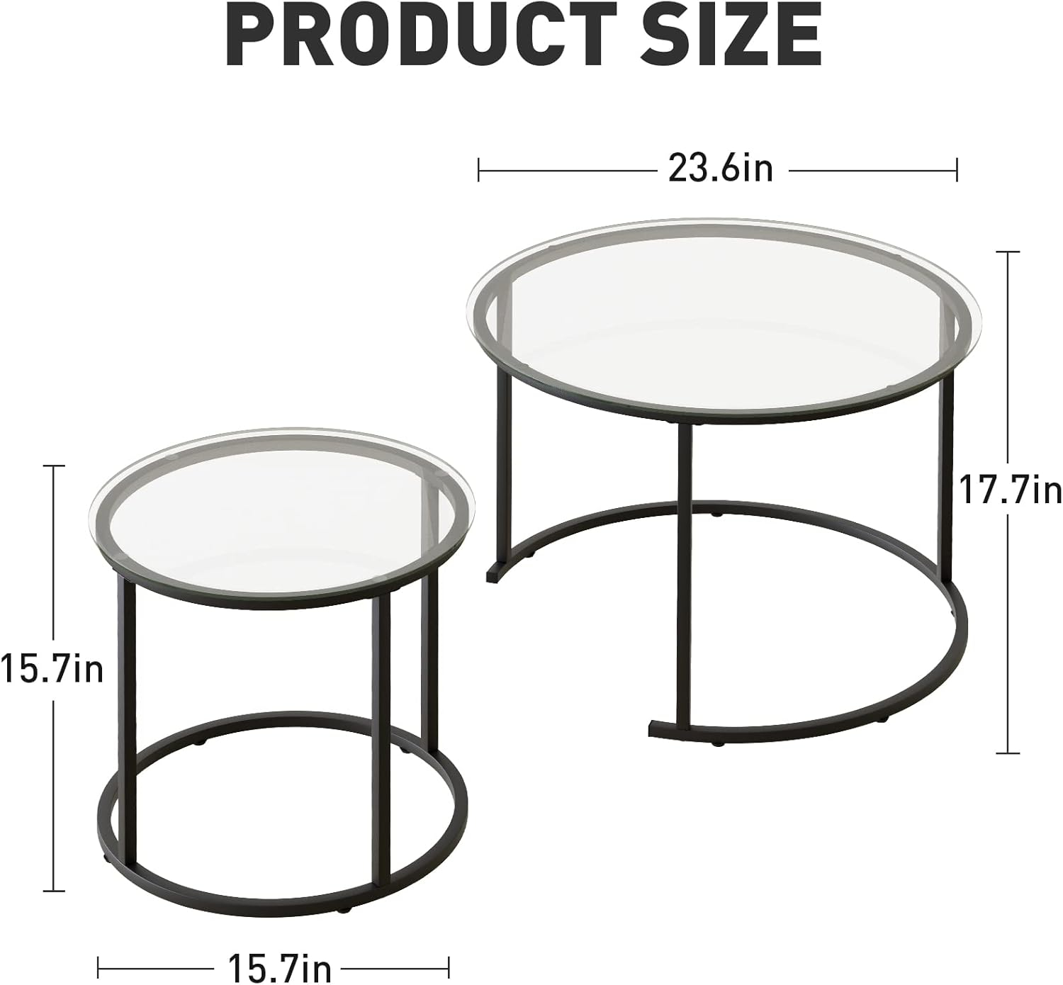 Nesting Coffee Table Set of 2,Modern Black Tempered Glass Side Table, Metal Frame Round End Table.Small Glass Tea Table for Living Room,Bedroom Studio Apartment Essentials，17.7IN