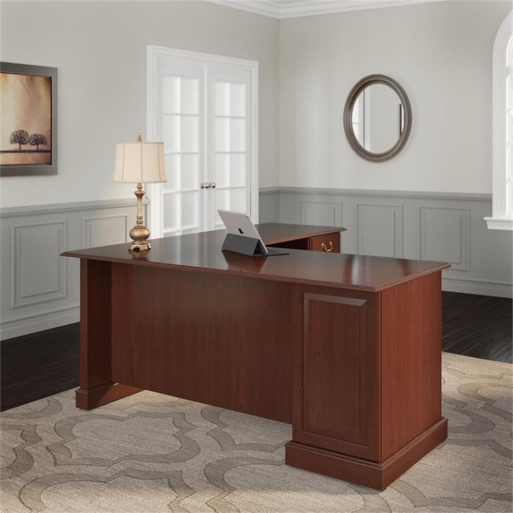 Bush Furniture Saratoga L Shaped Computer Desk with Drawers and Storage | Large Corner Office Table for Workspace, 66W, Harvest Cherry