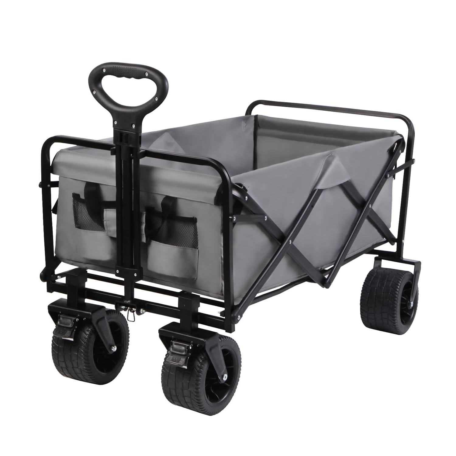 Heavy-Duty Gray Steel Folding Wagon with Adjustable Handle