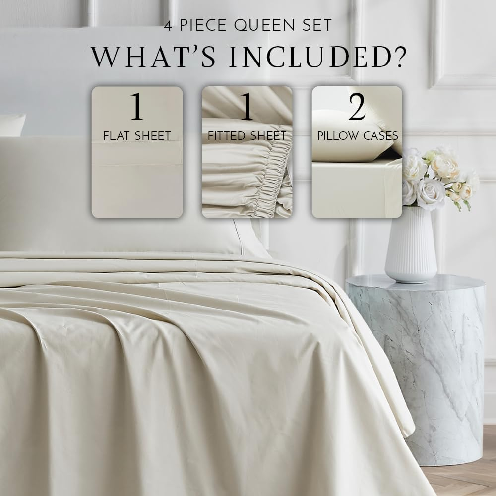 Linen Closet Luxury Cotton 400 Thread Count Ultimate Cotton Percale 4-Piece Sheet Set, Queen, Tan