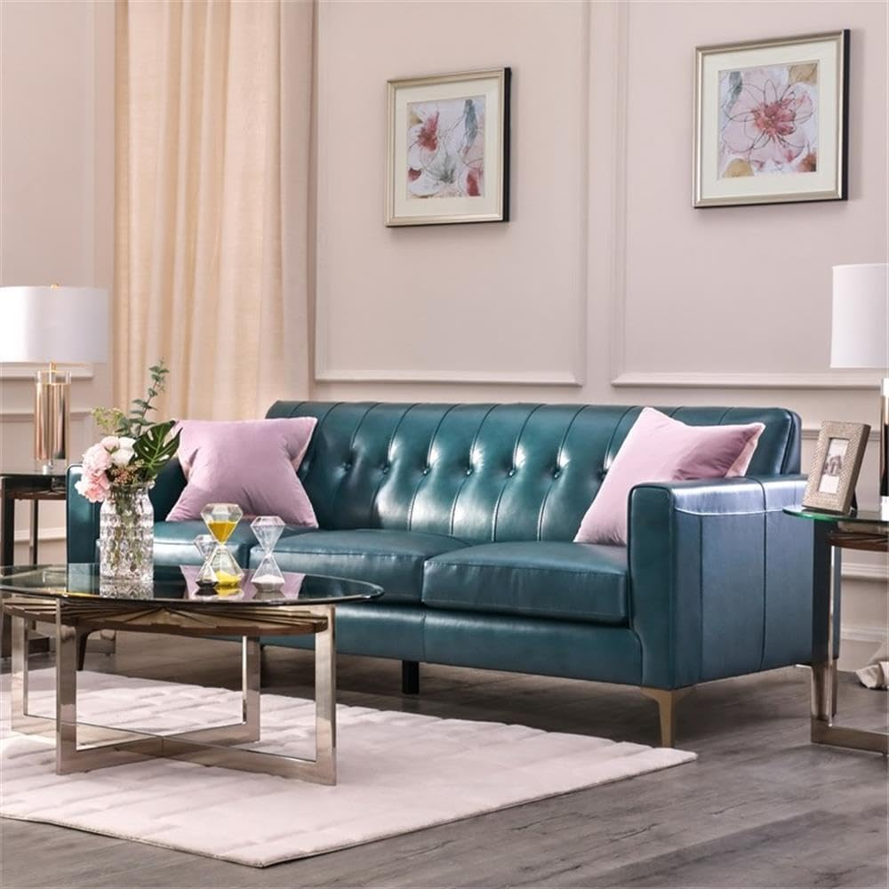 Turquoise Leather Tufted Sofa with Removable Cushions