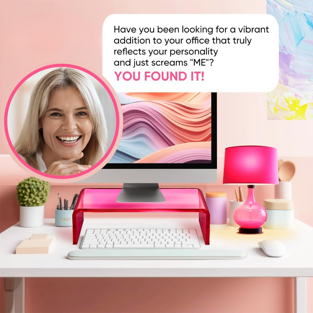 NovaMode Acrylic Monitor Stand - Ergonomic Desk Riser for Better Posture, Stylish & Modern Desktop Organizer, Computer Desk Stand for Monitors & Laptop - Bright Pink
