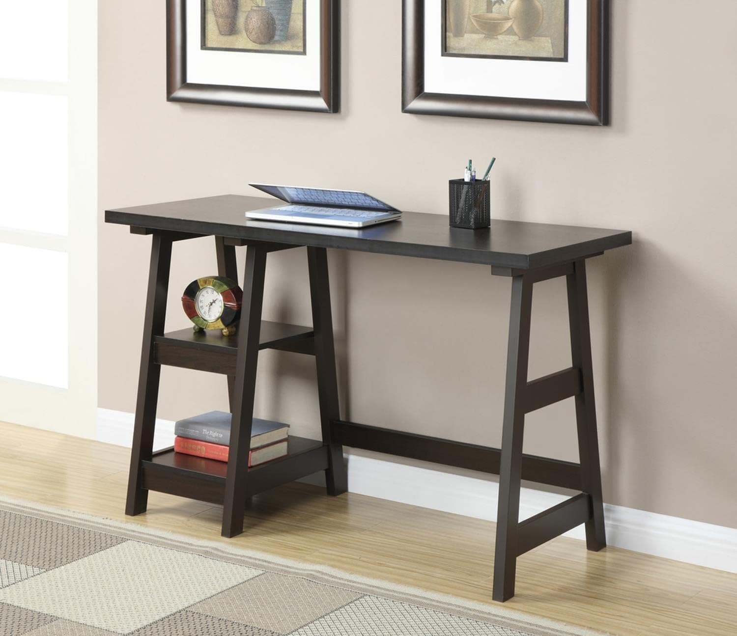 Convenience Concepts Designs2Go 29.25" Tall Trestle Desk with Shelves, Espresso