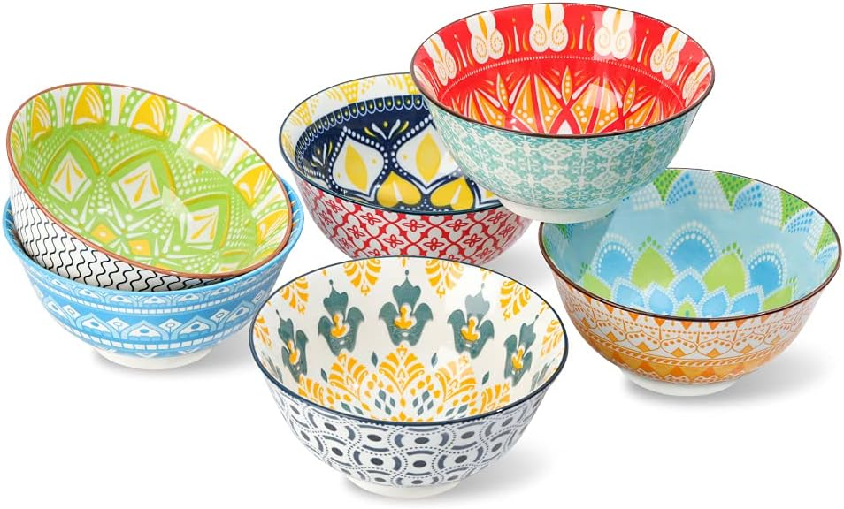 AHX 6 Pack Porcelain Cereal Bowls, 23oz Colorful Salad Soup Bowl,6.25-inch Round Ceramic Serving Bowl Set