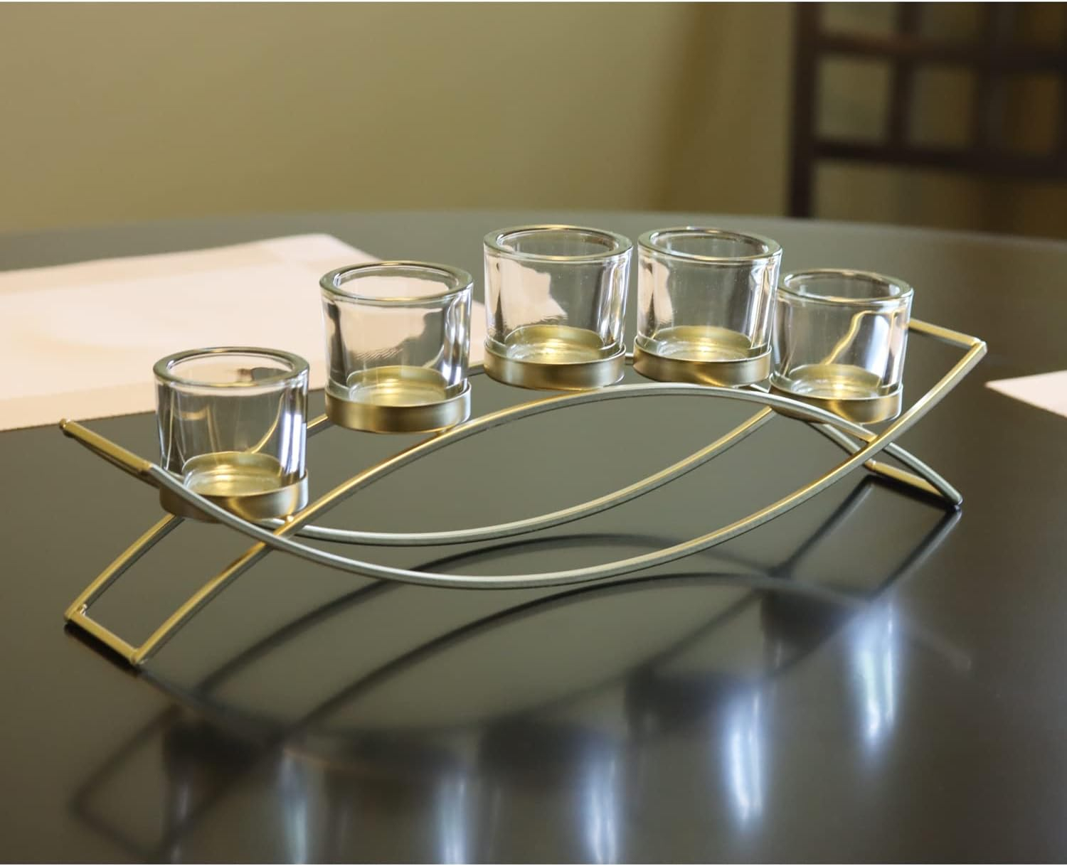 Seraphic Iron Arch Table Centerpiece Decorations Long Candle Holder for Weddings, Patio, Kitchen, Dining Room, and Coffee Tables, Gold, Clear Chunky 5 Cups