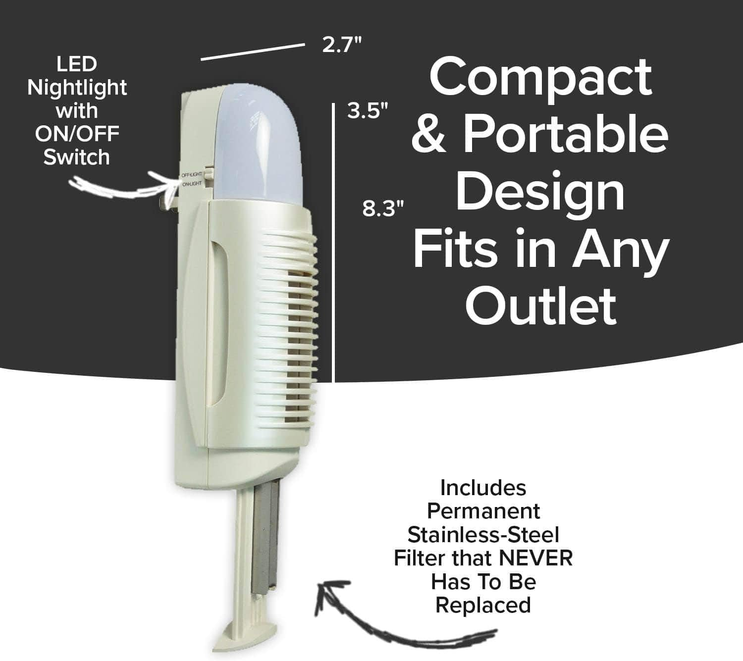 BulbHead Air Police Advanced Ionic Air Purifier, Compact Odor Eliminator Plug in Air Purifier with Permanent Stainless Steel Filter, Portable Air Purifier & Built-in Nightlight