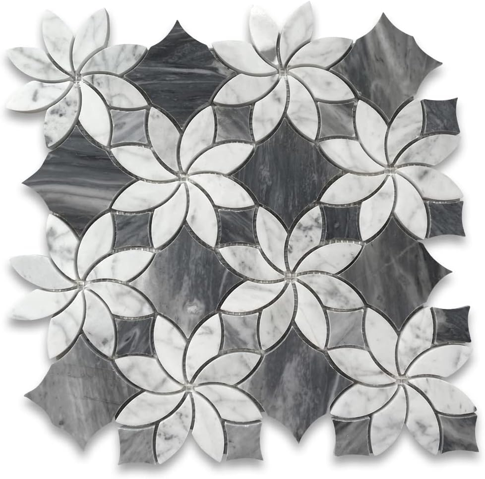 Stone Center Online Carrara White Marble Ice Flower Blossom Waterjet Mosaic Tile w/Bardiglio Gray Polished Kitchen Bath Wall Floor Backsplash Shower (1 Sheet)