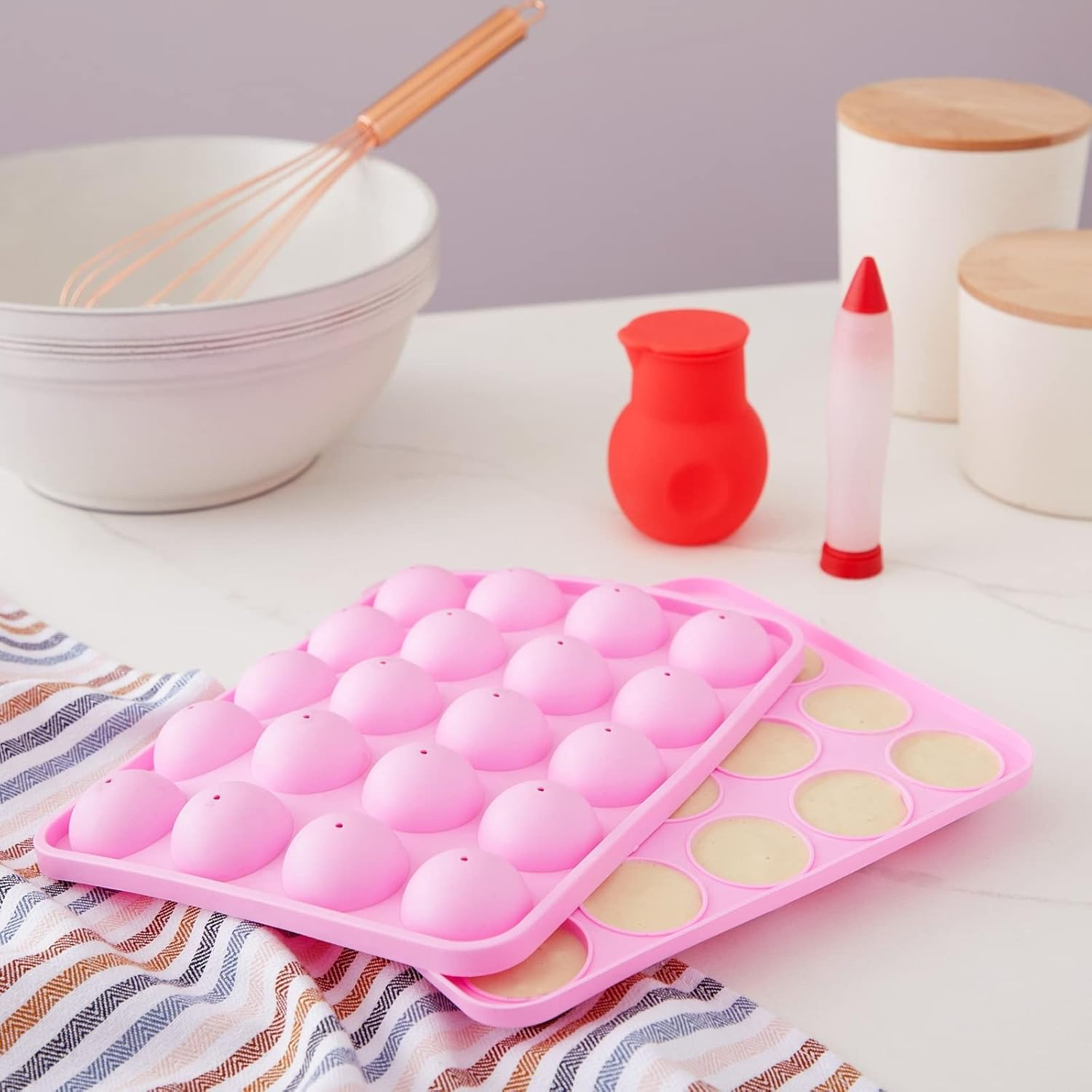 Pink Silicone Cake Pop Maker Kit with White Dessert Stand