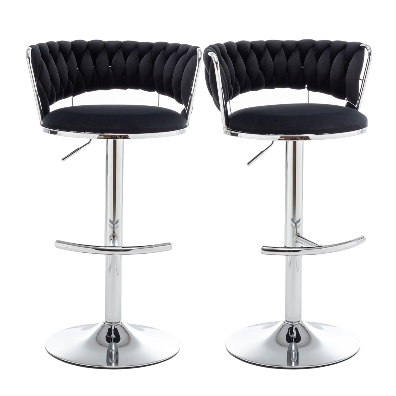 Velvet Bar Stools Set of 2, Counter Height Barstools with Low Back, Swivel Bar Stool for Kitchen Island, Pub (Black)