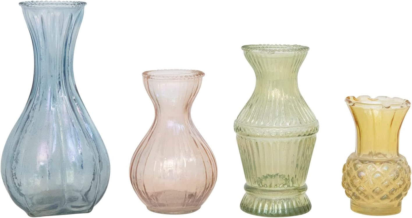 Creative Co-Op Various Decorative Debossed Glass Vases, Multicolor, Set of 4