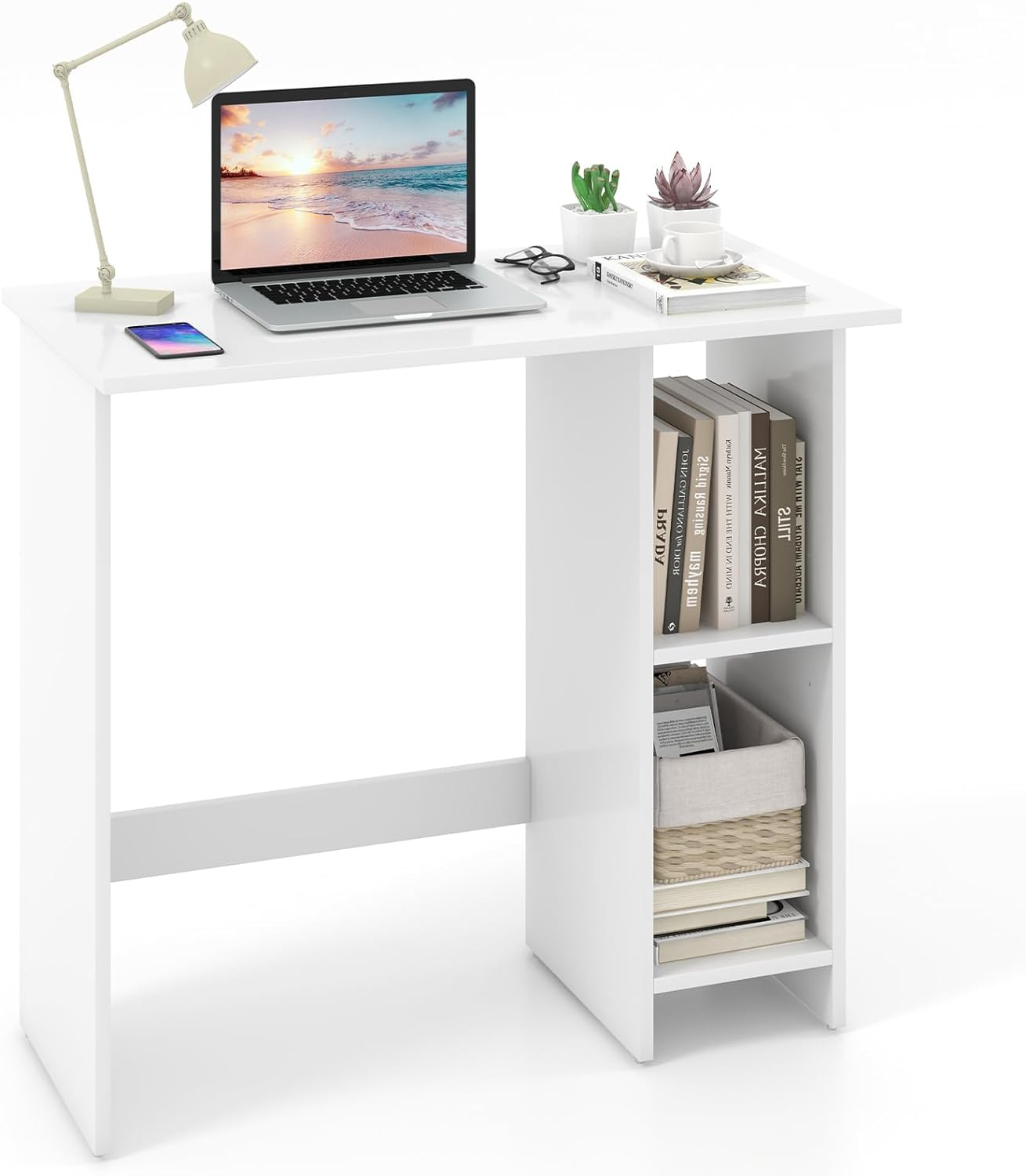 Giantex Small White Desk, Compact Study Writing Desk with 3-Position Adjustable Shelf, Anti-Toppling Kit, Modern PC Laptop Table, Home Office Computer Workstation for Small Space Bedroom Dorm