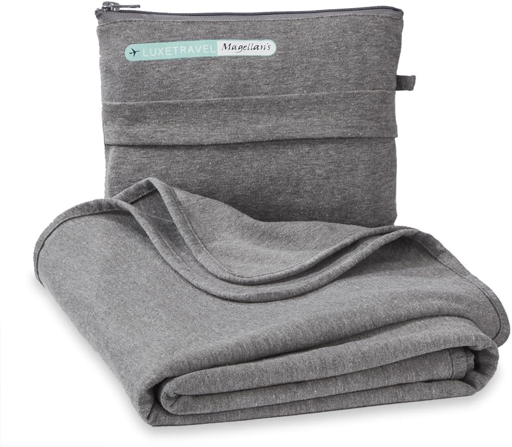 SAGEFINDS Airplane Travel Blanket | Compact Throw Blanket for Camping and Hiking | Converts into a Pillow | Travel Gift | Soft Jersey Knit | Fits in Backpack | Attaches to Luggage | Travel Essential