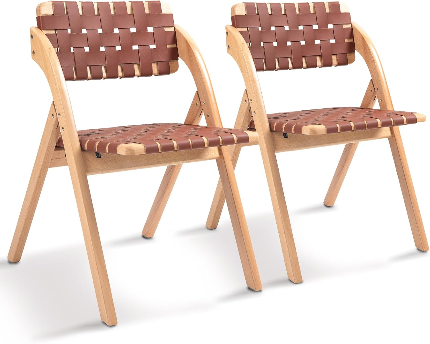Folding Chairs Set of 2, Wooden Foldable Dining Chairs, Stackable Folding Extra Chair with Breathable Leather-Woven Design for Indoor & Outdoor, Brown