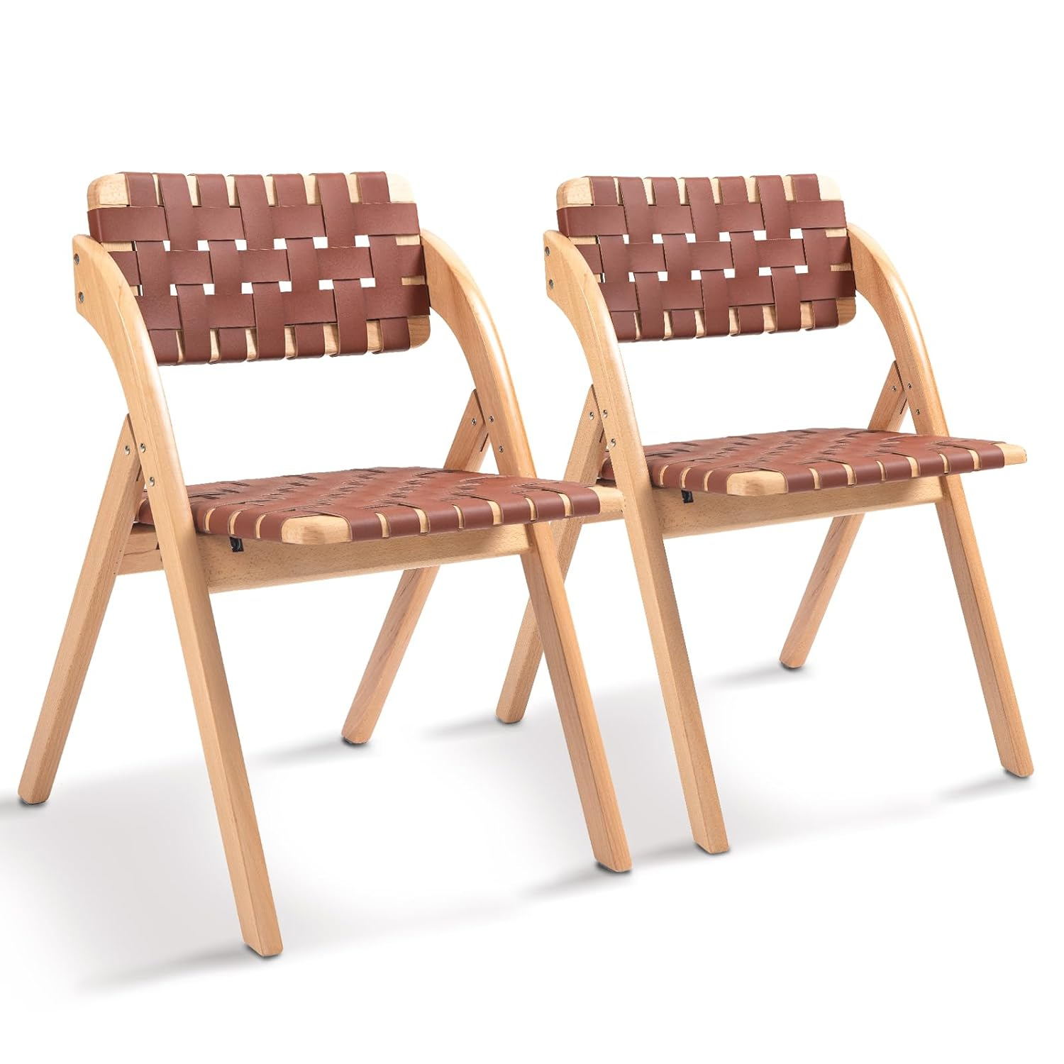 Folding Chairs Set of 2, Wooden Foldable Dining Chairs, Stackable Folding Extra Chair with Breathable Leather-Woven Design for Indoor & Outdoor, Brown
