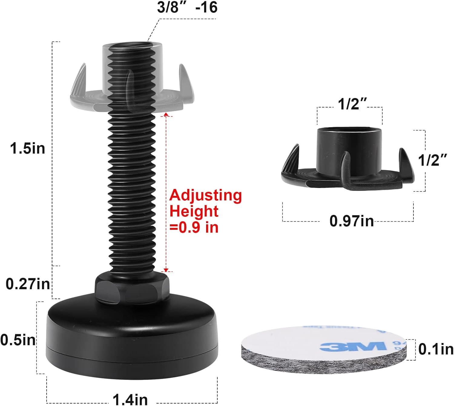 Leveling Feet, Adjustable Furniture Levelers for Furniture Leg Levelers, Table Chairs Cabinets Sofa Raiser, Heavy Duty Support 2640LBs, T- Nut Kit 3/8”-16 Thread, Large Base (8 Set, Black)