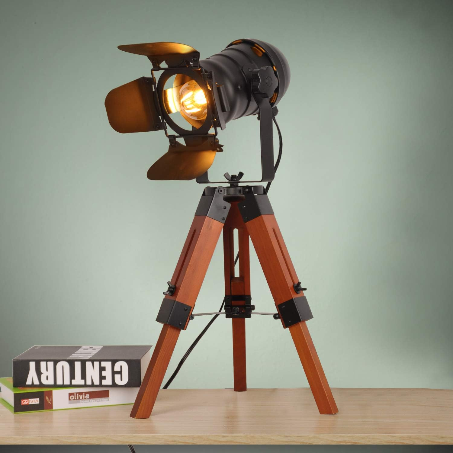Modern Industrial Vintage Tripod Floor Table Lamp - Metal Wooden Nautical Cinema Standing Searchlight - Reading Light for Living Room Movie Theatre Decoration Adjustable Height (excluding Bulb)