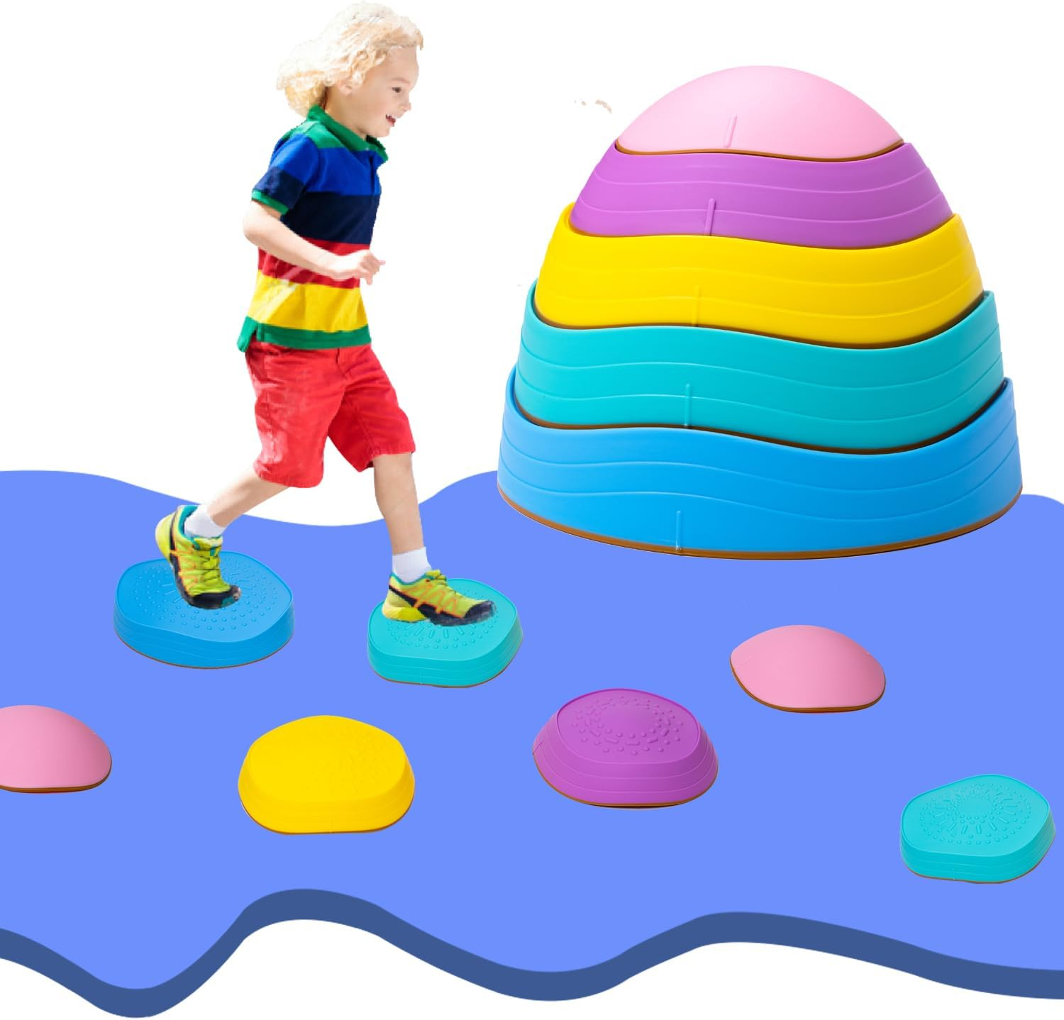 5 Pcs Stepping Stones for Kids, Balance River Stones Toy for Toddlers, Non-Slip Rubber Edges & Plastic Surface, Children's Sensory Obstacle Courses