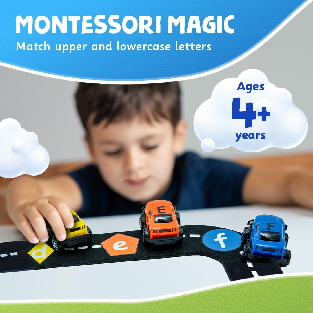 Skoolzy AlphaTracks Alphabet Race Car Track 41-Piece Set with Flexible Felt Racing Tracks ABC Montessori Toys Preschool Activities Includes Letters & Numbers for Kids Recognition Skills Includes eBook