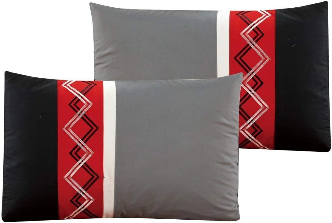 Chezmoi Collection Arden 7-Piece Modern Pleated Stripe Embroidered Zigzag Bedding Comforter Set (Queen, Red/Black/Gray/Off-White)